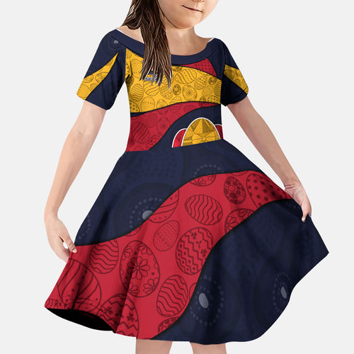 Personalized Adelaide Football Family Matching Short Sleeve Bodycon Dress and Hawaiian Shirt Easter Egg Pattern Red Blue Tribal Dot Art Style