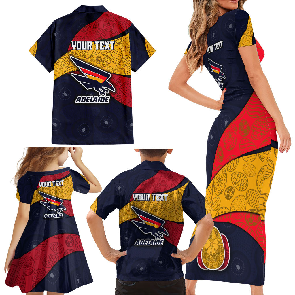 Personalized Adelaide Football Family Matching Short Sleeve Bodycon Dress and Hawaiian Shirt Easter Egg Pattern Red Blue Tribal Dot Art Style