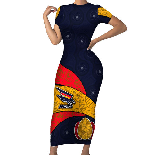 Personalized Adelaide Football Family Matching Short Sleeve Bodycon Dress and Hawaiian Shirt Easter Egg Pattern Red Blue Tribal Dot Art Style