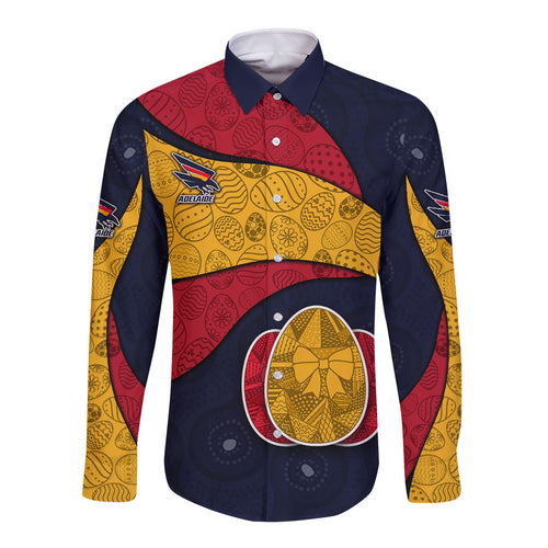 Personalized Adelaide Football Long Sleeve Button Shirt Easter Egg Pattern Red Blue Tribal Dot Art Style