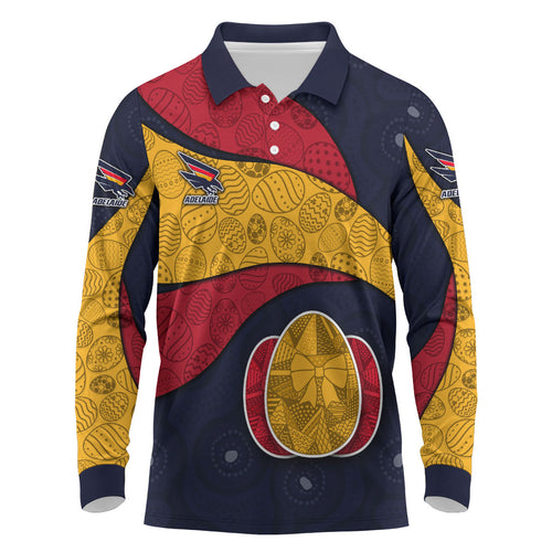 Personalized Adelaide Football Long Sleeve Polo Shirt Easter Egg Pattern Red Blue Tribal Dot Art Style