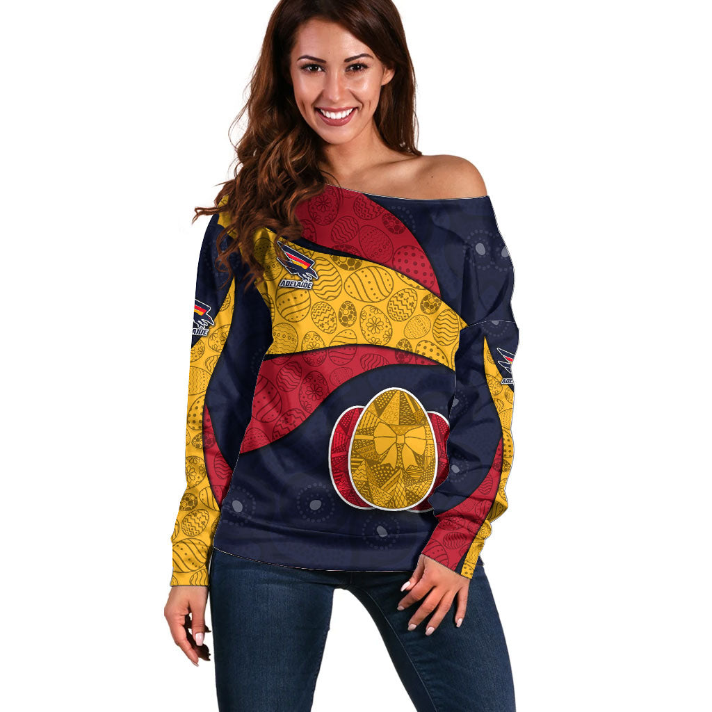 Personalized Adelaide Football Off Shoulder Sweater Easter Egg Pattern Red Blue Tribal Dot Art Style