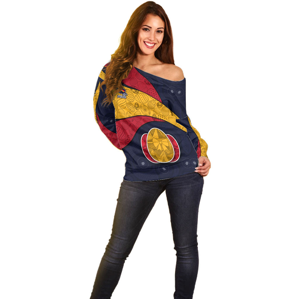 Personalized Adelaide Football Off Shoulder Sweater Easter Egg Pattern Red Blue Tribal Dot Art Style