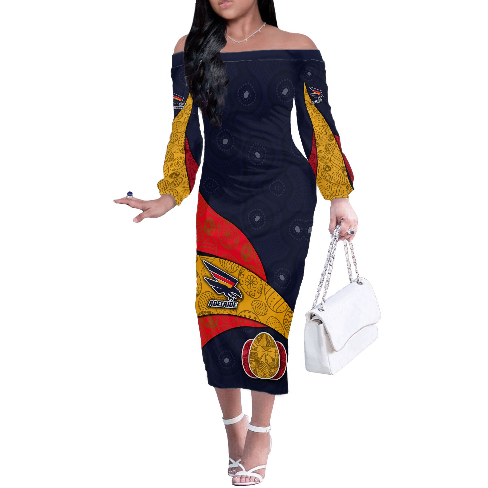 Personalized Adelaide Football Off The Shoulder Long Sleeve Dress Easter Egg Pattern Red Blue Tribal Dot Art Style