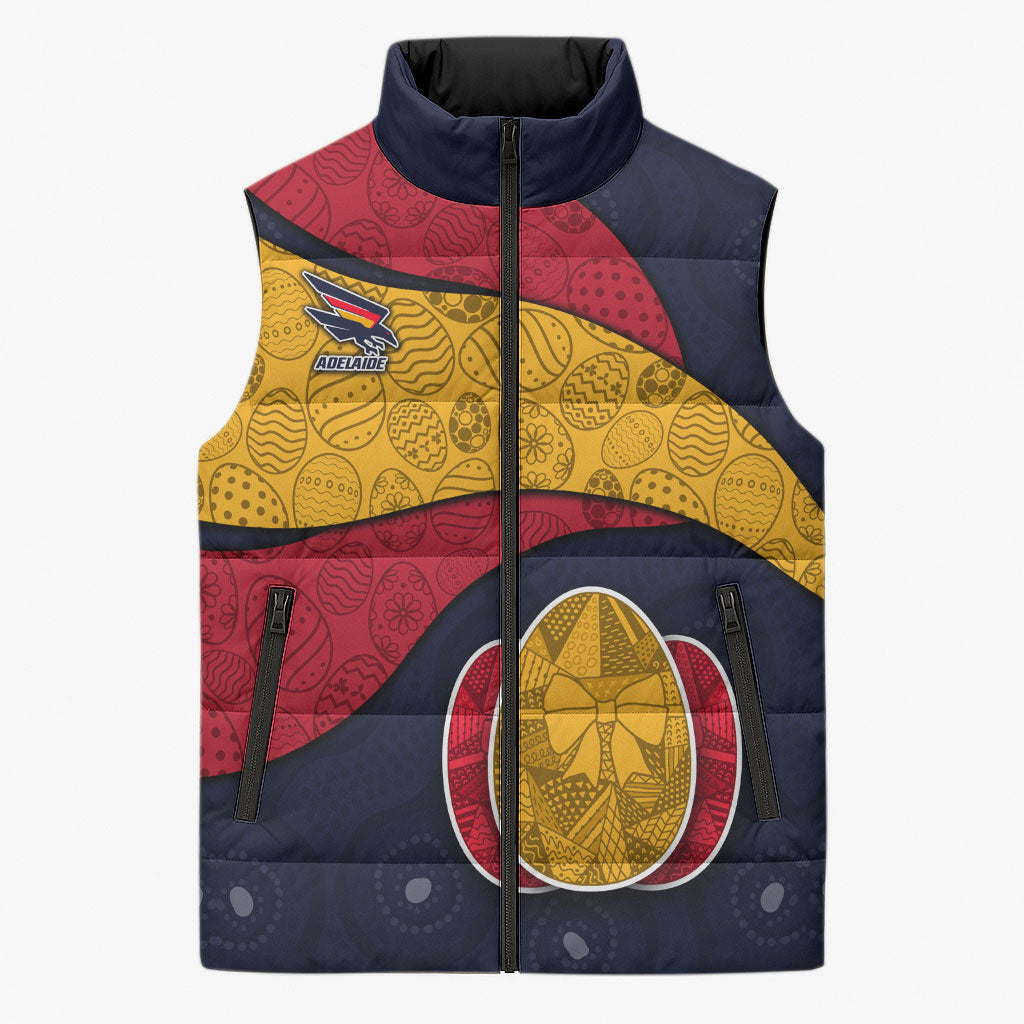 Personalized Adelaide Football Sleeveless Puffer Jacket Easter Egg Pattern Red Blue Tribal Dot Art Style