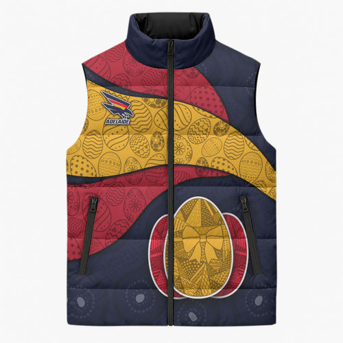 Personalized Adelaide Football Sleeveless Puffer Jacket Easter Egg Pattern Red Blue Tribal Dot Art Style