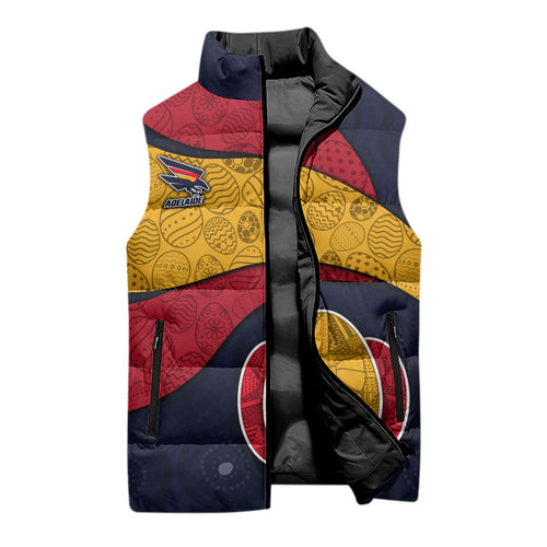 Personalized Adelaide Football Sleeveless Puffer Jacket Easter Egg Pattern Red Blue Tribal Dot Art Style