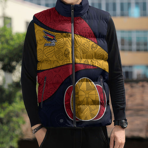 Personalized Adelaide Football Sleeveless Puffer Jacket Easter Egg Pattern Red Blue Tribal Dot Art Style