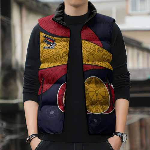 Personalized Adelaide Football Sleeveless Puffer Jacket Easter Egg Pattern Red Blue Tribal Dot Art Style