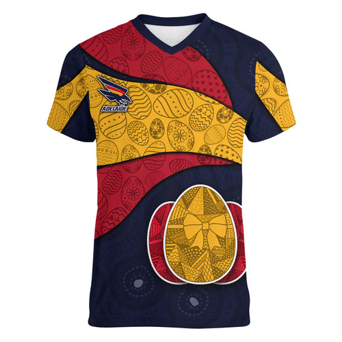 Personalized Adelaide Football Women V-Neck T-Shirt Easter Egg Pattern Red Blue Tribal Dot Art Style