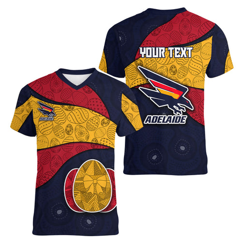 Personalized Adelaide Football Women V-Neck T-Shirt Easter Egg Pattern Red Blue Tribal Dot Art Style