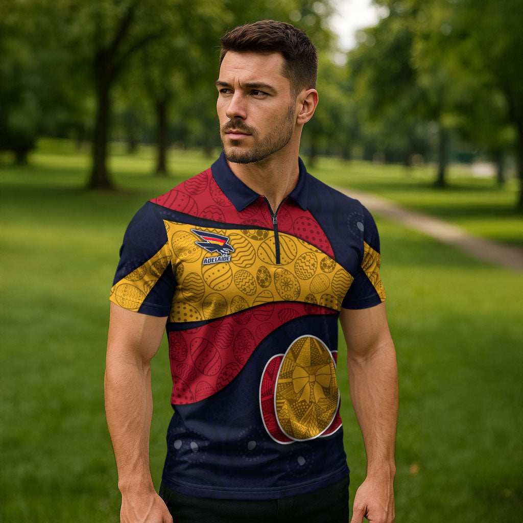 Personalized Adelaide Football Zipper Polo Shirt Easter Egg Pattern Red Blue Tribal Dot Art Style