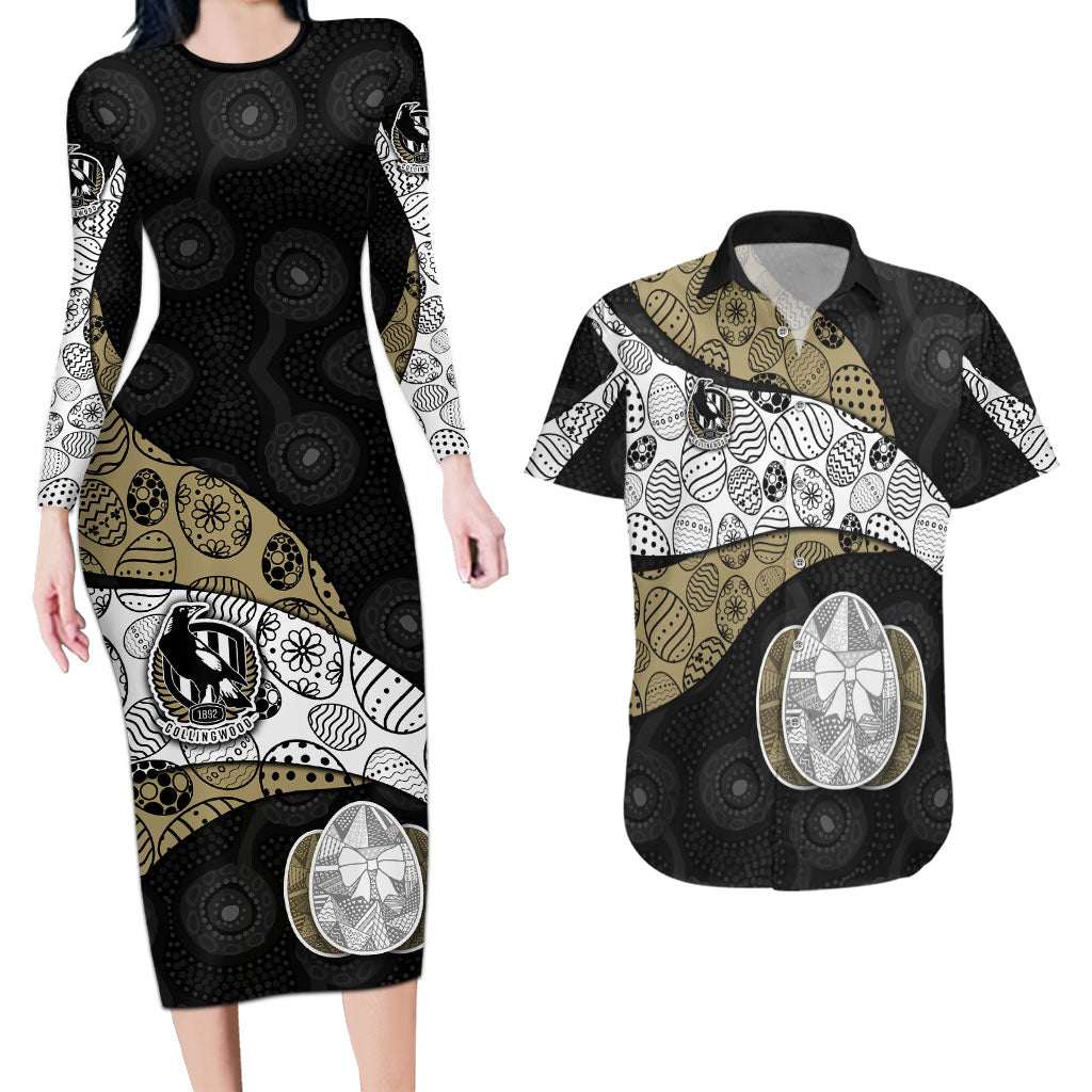 Personalized Magpie Football Couples Matching Long Sleeve Bodycon Dress and Hawaiian Shirt Easter Egg Pattern Monochrome Tribal Dot Art Style