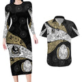 Personalized Magpie Football Couples Matching Long Sleeve Bodycon Dress and Hawaiian Shirt Easter Egg Pattern Monochrome Tribal Dot Art Style