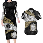 Personalized Magpie Football Couples Matching Long Sleeve Bodycon Dress and Hawaiian Shirt Easter Egg Pattern Monochrome Tribal Dot Art Style