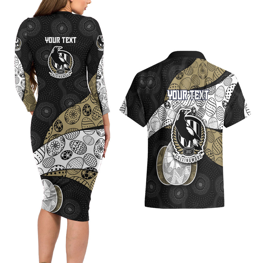 Personalized Magpie Football Couples Matching Long Sleeve Bodycon Dress and Hawaiian Shirt Easter Egg Pattern Monochrome Tribal Dot Art Style