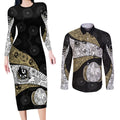 Personalized Magpie Football Couples Matching Long Sleeve Bodycon Dress and Long Sleeve Button Shirt Easter Egg Pattern Monochrome Tribal Dot Art Style