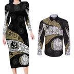 Personalized Magpie Football Couples Matching Long Sleeve Bodycon Dress and Long Sleeve Button Shirt Easter Egg Pattern Monochrome Tribal Dot Art Style