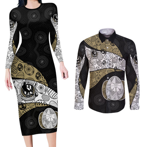 Personalized Magpie Football Couples Matching Long Sleeve Bodycon Dress and Long Sleeve Button Shirt Easter Egg Pattern Monochrome Tribal Dot Art Style