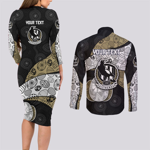 Personalized Magpie Football Couples Matching Long Sleeve Bodycon Dress and Long Sleeve Button Shirt Easter Egg Pattern Monochrome Tribal Dot Art Style