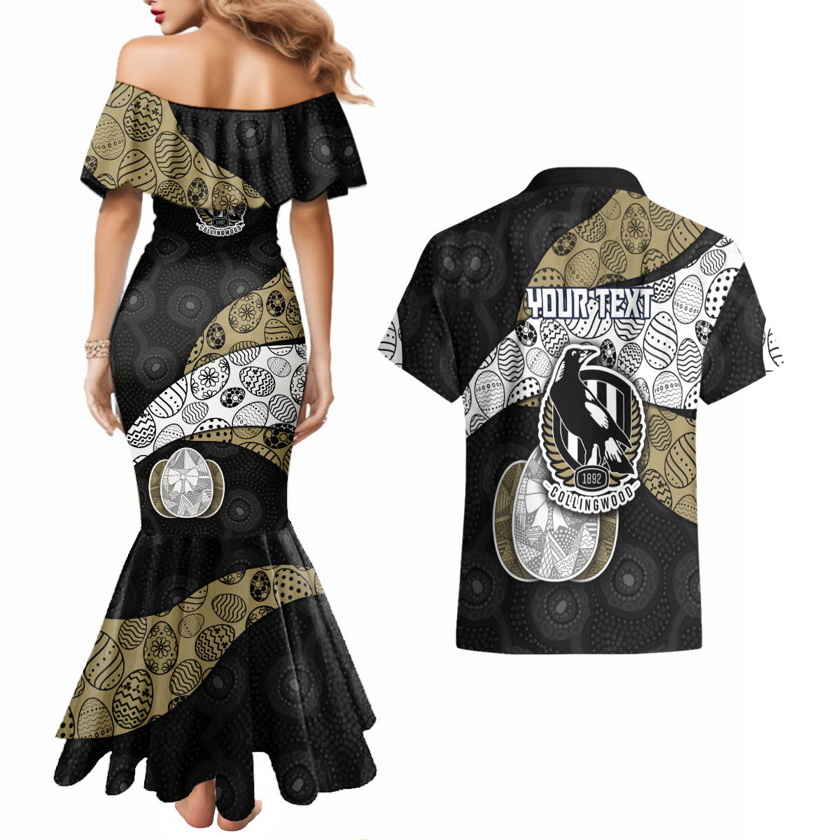 Personalized Magpie Football Couples Matching Mermaid Dress and Hawaiian Shirt Easter Egg Pattern Monochrome Tribal Dot Art Style