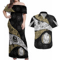 Personalized Magpie Football Couples Matching Off Shoulder Maxi Dress and Hawaiian Shirt Easter Egg Pattern Monochrome Tribal Dot Art Style
