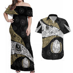 Personalized Magpie Football Couples Matching Off Shoulder Maxi Dress and Hawaiian Shirt Easter Egg Pattern Monochrome Tribal Dot Art Style