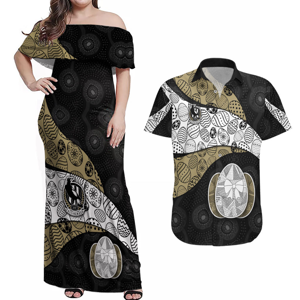 Personalized Magpie Football Couples Matching Off Shoulder Maxi Dress and Hawaiian Shirt Easter Egg Pattern Monochrome Tribal Dot Art Style