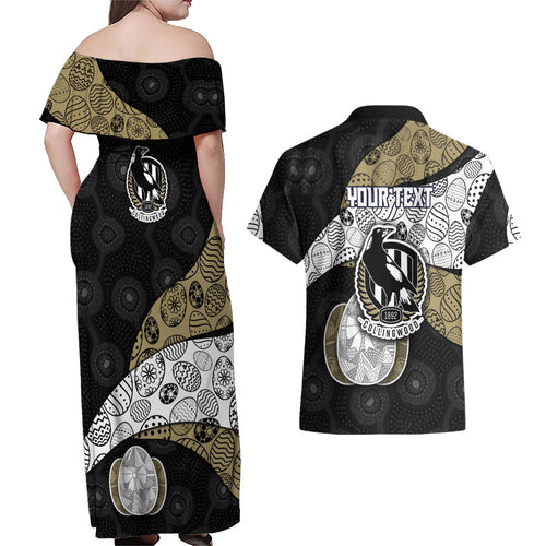 Personalized Magpie Football Couples Matching Off Shoulder Maxi Dress and Hawaiian Shirt Easter Egg Pattern Monochrome Tribal Dot Art Style