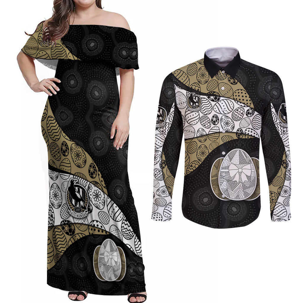 Personalized Magpie Football Couples Matching Off Shoulder Maxi Dress and Long Sleeve Button Shirt Easter Egg Pattern Monochrome Tribal Dot Art Style