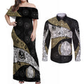 Personalized Magpie Football Couples Matching Off Shoulder Maxi Dress and Long Sleeve Button Shirt Easter Egg Pattern Monochrome Tribal Dot Art Style