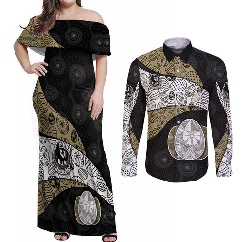 Personalized Magpie Football Couples Matching Off Shoulder Maxi Dress and Long Sleeve Button Shirt Easter Egg Pattern Monochrome Tribal Dot Art Style