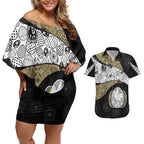 Personalized Magpie Football Couples Matching Off Shoulder Short Dress and Hawaiian Shirt Easter Egg Pattern Monochrome Tribal Dot Art Style