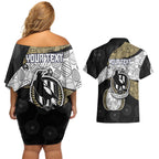 Personalized Magpie Football Couples Matching Off Shoulder Short Dress and Hawaiian Shirt Easter Egg Pattern Monochrome Tribal Dot Art Style