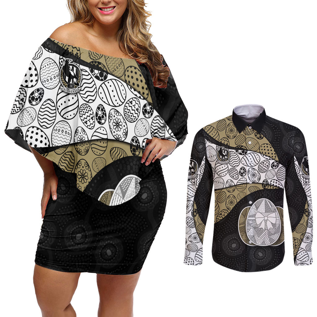 Personalized Magpie Football Couples Matching Off Shoulder Short Dress and Long Sleeve Button Shirt Easter Egg Pattern Monochrome Tribal Dot Art Style