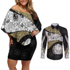Personalized Magpie Football Couples Matching Off Shoulder Short Dress and Long Sleeve Button Shirt Easter Egg Pattern Monochrome Tribal Dot Art Style