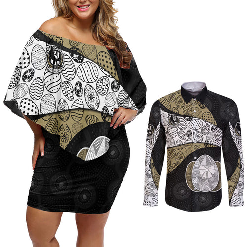 Personalized Magpie Football Couples Matching Off Shoulder Short Dress and Long Sleeve Button Shirt Easter Egg Pattern Monochrome Tribal Dot Art Style