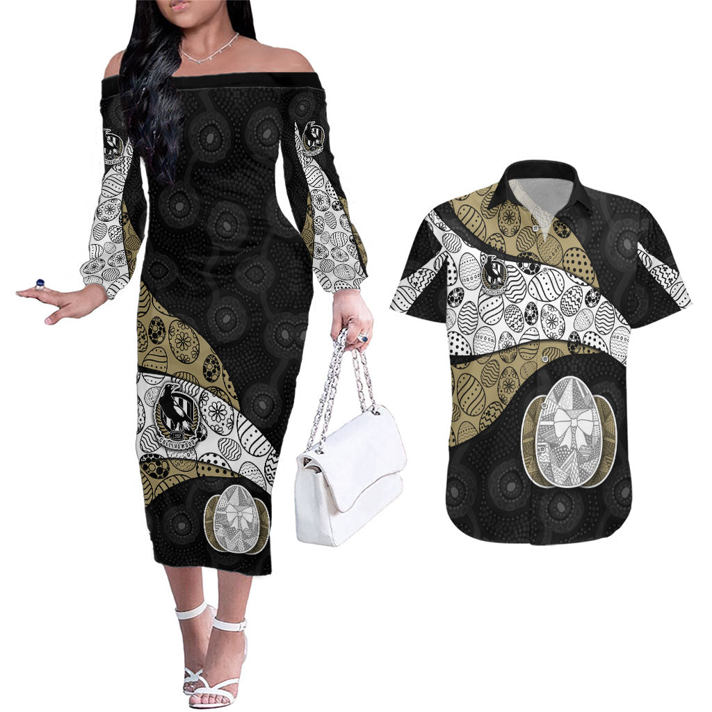 Personalized Magpie Football Couples Matching Off The Shoulder Long Sleeve Dress and Hawaiian Shirt Easter Egg Pattern Monochrome Tribal Dot Art Style