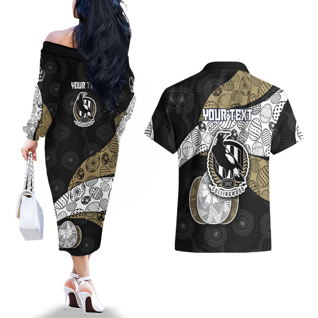 Personalized Magpie Football Couples Matching Off The Shoulder Long Sleeve Dress and Hawaiian Shirt Easter Egg Pattern Monochrome Tribal Dot Art Style