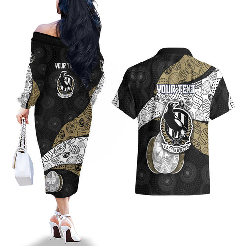 Personalized Magpie Football Couples Matching Off The Shoulder Long Sleeve Dress and Hawaiian Shirt Easter Egg Pattern Monochrome Tribal Dot Art Style