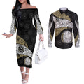 Personalized Magpie Football Couples Matching Off The Shoulder Long Sleeve Dress and Long Sleeve Button Shirt Easter Egg Pattern Monochrome Tribal Dot Art Style