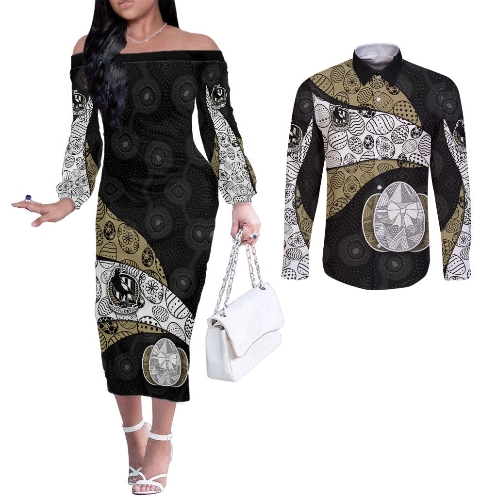 Personalized Magpie Football Couples Matching Off The Shoulder Long Sleeve Dress and Long Sleeve Button Shirt Easter Egg Pattern Monochrome Tribal Dot Art Style