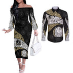 Personalized Magpie Football Couples Matching Off The Shoulder Long Sleeve Dress and Long Sleeve Button Shirt Easter Egg Pattern Monochrome Tribal Dot Art Style