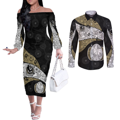 Personalized Magpie Football Couples Matching Off The Shoulder Long Sleeve Dress and Long Sleeve Button Shirt Easter Egg Pattern Monochrome Tribal Dot Art Style