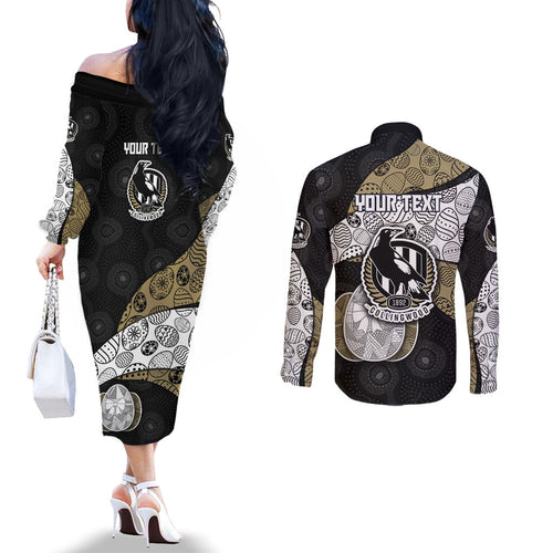 Personalized Magpie Football Couples Matching Off The Shoulder Long Sleeve Dress and Long Sleeve Button Shirt Easter Egg Pattern Monochrome Tribal Dot Art Style