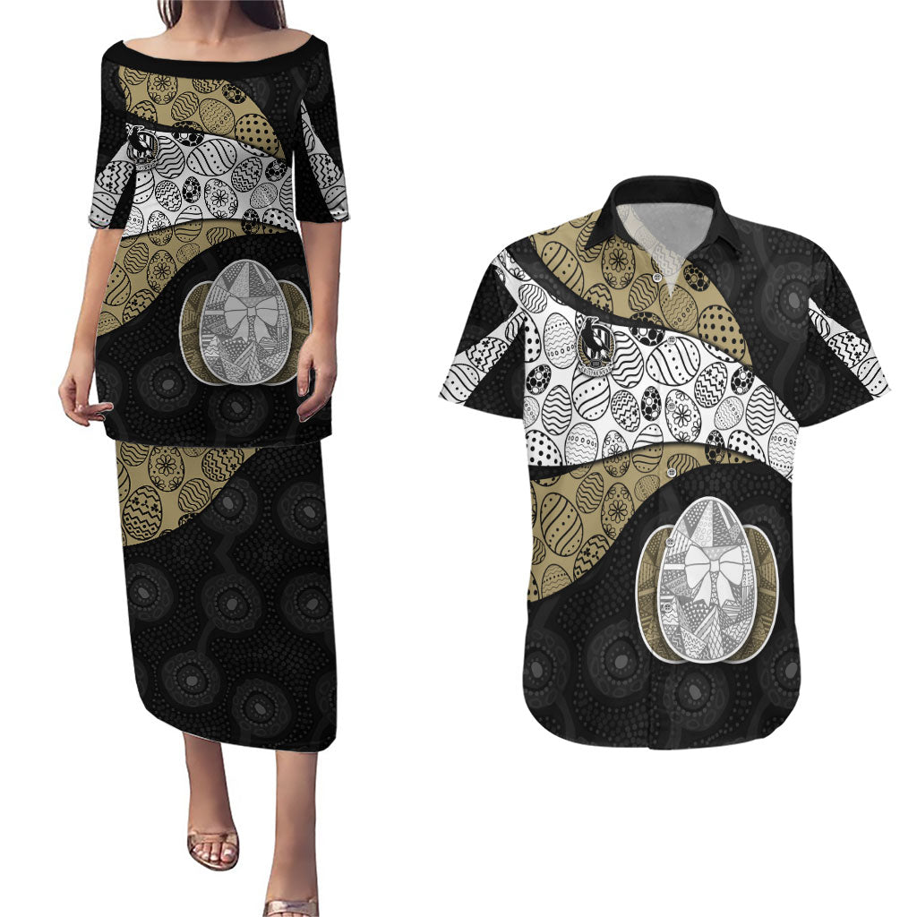 Personalized Magpie Football Couples Matching Puletasi and Hawaiian Shirt Easter Egg Pattern Monochrome Tribal Dot Art Style