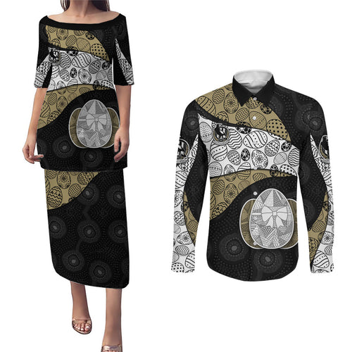Personalized Magpie Football Couples Matching Puletasi and Long Sleeve Button Shirt Easter Egg Pattern Monochrome Tribal Dot Art Style