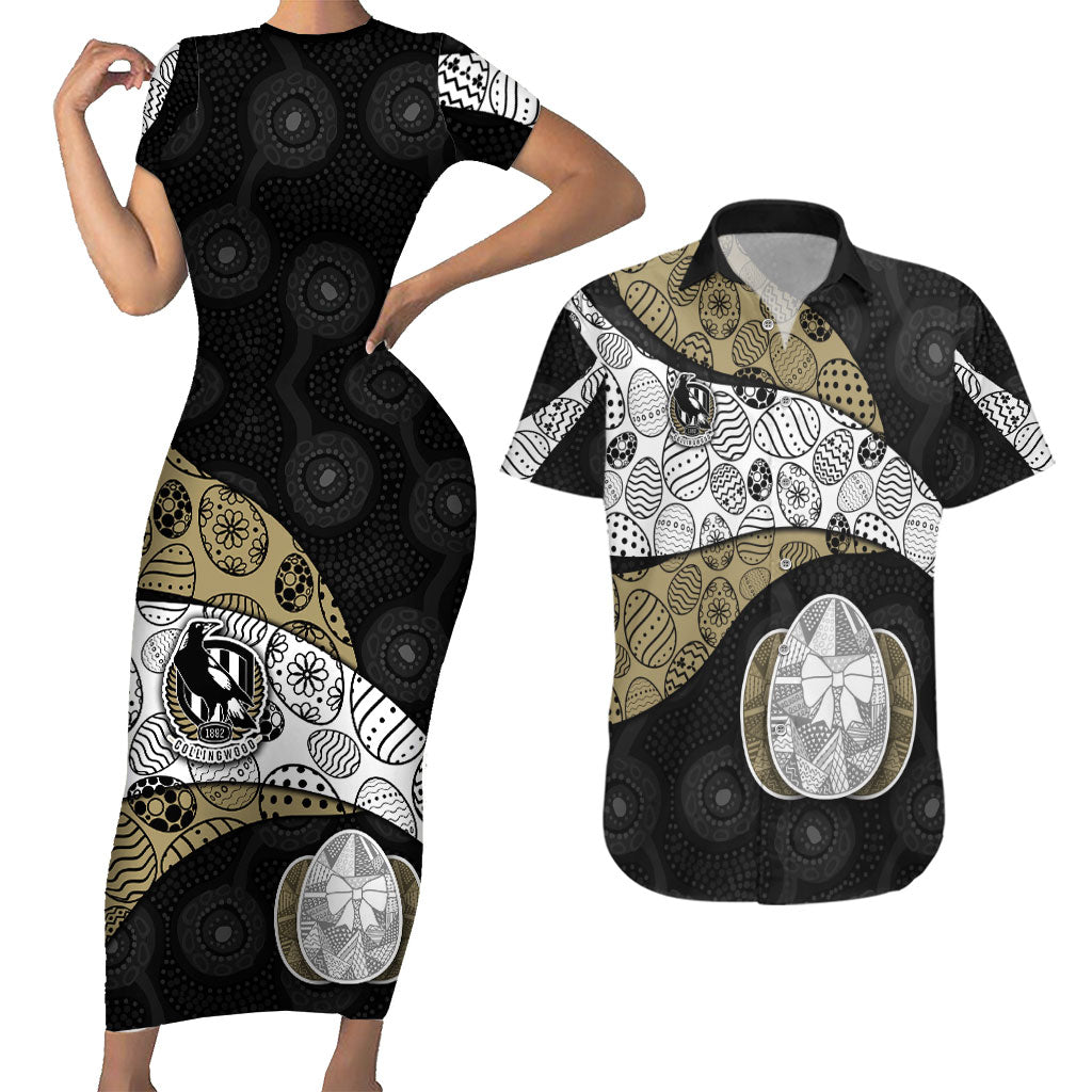 Personalized Magpie Football Couples Matching Short Sleeve Bodycon Dress and Hawaiian Shirt Easter Egg Pattern Monochrome Tribal Dot Art Style