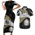 Personalized Magpie Football Couples Matching Short Sleeve Bodycon Dress and Hawaiian Shirt Easter Egg Pattern Monochrome Tribal Dot Art Style