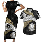 Personalized Magpie Football Couples Matching Short Sleeve Bodycon Dress and Hawaiian Shirt Easter Egg Pattern Monochrome Tribal Dot Art Style